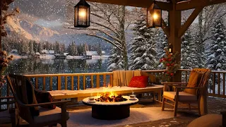 Winter Cozy Porch Ambience ⛄ Snowy Day with Relaxing Piano Jazz Music, Snowfall and Fireplace Sounds