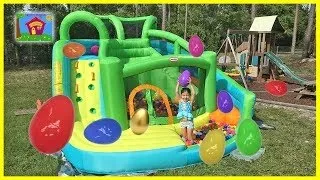 HUGE SURPRISE EGGS HUNT on Giant Inflatable Water Slide + Golden Egg Surprise Toys Frozen