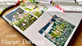 Marker Drawing ASMR⎪Ohuhu Markers Unboxing + New Sketchbook 🌿