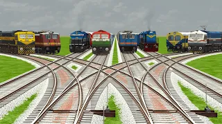 8 TRAINS CROSSING AT BUMPY CURVED RAILROAD TRACKS CROSSING | Indian Railway Train Simulator