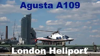 Agusta A109 helicopter landing, engine start and takeoff at London Heliport G-OATL