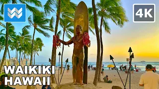 [4K] Waikiki Beach at Night in Honolulu Hawaii - Walking Tour & Travel Guide 🎧 Binaural Sound