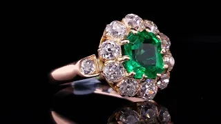 Colombian Emerald & Old Mine Cut Diamond Engagement Ring - Nineteenth Century