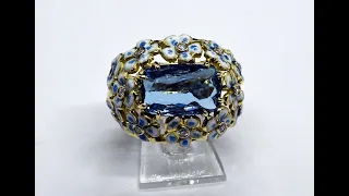 Handmade 18KT gold ring with aquamarine gem and diamonds