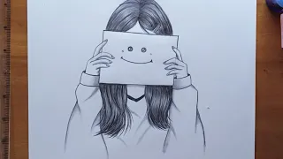 A girl hides her emotions with a smiley face emoji | How to draw - step by step | Drawing Tutorial