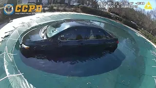 Car Driven Through Fence Lands on Top of Pool Cover