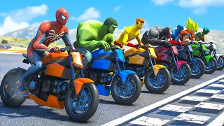 Spiderman, Goku, Hulk Racing Motorcycles Jump From The Sky Challenge with SUPERHEROES #345