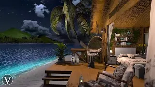 Tropical Beach Hut | Night Ambience | Ocean Waves & Nature Sounds