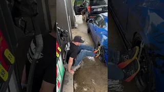 Leigh from Proceed Proceeding to pull his BRZ fenders at a gas station drift style.