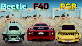 NFS Heat: Volkswagen Beetle vs Ferrari F40 vs Porsche Carrera RSR - Drag Race