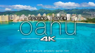 FLYING OVER OAHU [4K] Hawaii Ambient Aerial Film + Music for Stress Relief - Honolulu to North Shore