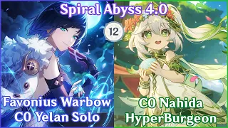 FAVONIUS C0 YELAN SOLO! C0 Yelan Solo x Nahida Hyper-Burgeon - Spiral Abyss 4.0 Full Star Clear!