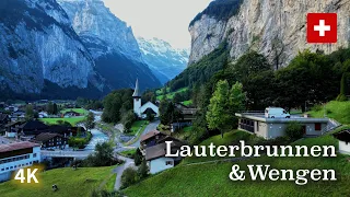 Switzerland fairytale village Lauterbrunnen, Wengen walking & flying tour 4K HD (스위스 라우터브루넨, 벵엔/벤겐)