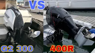 MERCURY 400R vs EVINRUDE G2 300 outboard COMPARISON on SAME TEST BOAT (Boat Tech) TOP SPEED TESTED