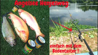 Forellenangeln mit Bodentaster, mit Sbirolino am großen See Angelsee Henjesweg Powerbait im Sommer