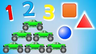 123 Counting Monster Trucks Triangle Circle Square Shapes - Fun and Easy Learning