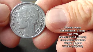 2 Francs,FRANCE coins value:  1922,1943,1944,1946,1947,1948,1949,1958,1979,1980,1981,1982,1993,