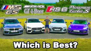 BMW M5 CS v AMG GT v Audi RS6 v Porsche Panamera: REVIEW & 0-60mph, 1/4 mile, brake & drift test!