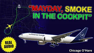 “MAYDAY, SMOKE IN THE COCKPIT”. Lufthansa Cargo Boeing 777 returned to Chicago O’Hare. Real ATC