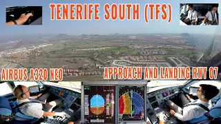 TENERIFE SOUTH (TFS) | Airbus 320 NEO pilots + cockpit + instrument view | approach + landing Rwy 07