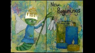 Art journal spread using mixed media of a snowdrop fairy queen.