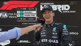 George Russell ́s reaction to getting a podium. Mercedes upgrades seem to be working