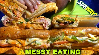 ⚠️MESSY EATING SPICY CHEESE SAUCE🤤SUBWAY  HAM & CHEESE, GRILLED CHICKEN & VEGGIE FOOT LONG