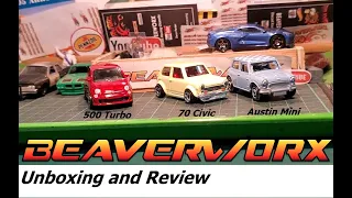 Hotwheels matchbox unboxing and review Fiat, Austin Mini, 70 civic for Beaverworx next rock drop