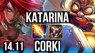 KATARINA vs CORKI (MID) | 10/1/9, 73% winrate, Godlike | KR Master | 14.11