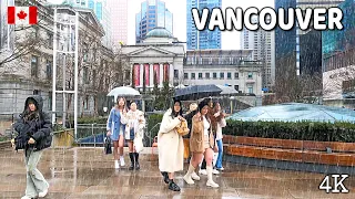 🇨🇦 【4K】⛈️⛈️⛈️ Heavy Rain in Downtown Vancouver BC. Travel Canada. Relaxing Walk. March 2024.