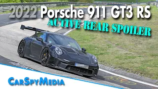 2022 Porsche 911 GT3 RS prototype testing his active rear spoiler on the Nürburgring