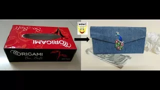DIY No Sew Jeans Purse, How to use empty Tissue Box, Recycled old jeans Wallet, DIY Cardboard craft