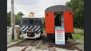 First run of the season: NNB Budd cars on restored railroad siding, new station