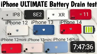 iPhone 14PLUS vs 14 vs 13mini vs 12mini vs 12 vs 11 vs XR vs SE2 vs 8 Battery Drain Test (iOS16.4.1)