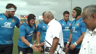 Fijian Prime Minister Voreqe Bainimarama greets The Azzurri and the Flying Fijians