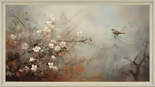 Art Screensaver for TV - Framed Springtime Flowers and Bird, Impressionist Oil Painting