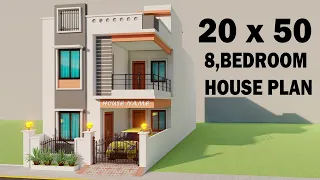 8,BEDROOM HOUSE PLAN,20X50 Car Parking house plan,3D 1000 sqft makan ka naksha,New huse elevation