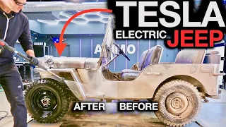 Detailing Tesla Jeep: All Electric Willys Jeep with 5 Tesla Batteries Covered in Mud!