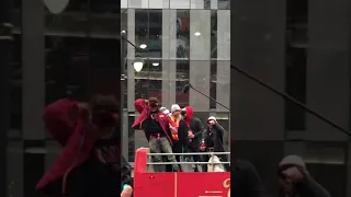 Patrick Mahomes catches beer from crowd, chugs it. Kansas City Chiefs Super Bowl Victory Parade.