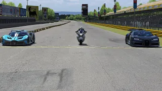 Suzuki Hayabusa 2022 vs Bugatti Chiron Mansory 2023 vs Bugatti Bolide 2020 at Monza Full Course