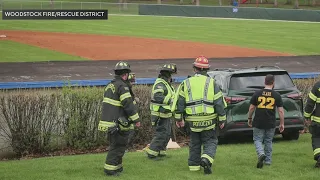 Minivan crashes into baseball dugout in Woodstock