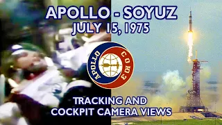 APOLLO-SOYUZ: Cockpit & Tracking Launch Camera Views (1975/7/15) Saturn IB, Slayton, Brand, Stafford