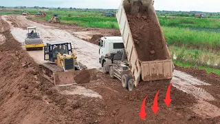 Awesome Mighty bulldozer and truck building new road across swamp