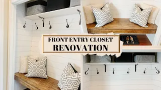 FRONT ENTRY CLOSET RENOVATION | SHIPLAP ACCENT WALL | CUSTOM MADE FLOATING BENCH