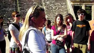 Sophia explaining the acoustics in the theatre at Epidaurus