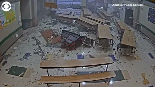 Surveillance video from inside a Kansas elementary school as a tornado moved past