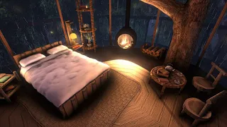 Treehouse with gentle Rain & Fireplace Sounds to Sleep, Relax, Study