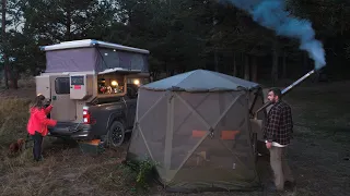 STOVE CAMPING WITH PICK-UP CAMPER AT 4 DEGREES CELSIUS