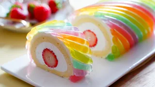 Rainbow Jelly Roll Cake 🌈 / Strawberry Roll Cake / Amazing cake / Cup measure