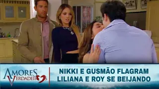 Amores Verdadeiros - Nikki e Gusmão flagram Liliana e Roy se beijando
